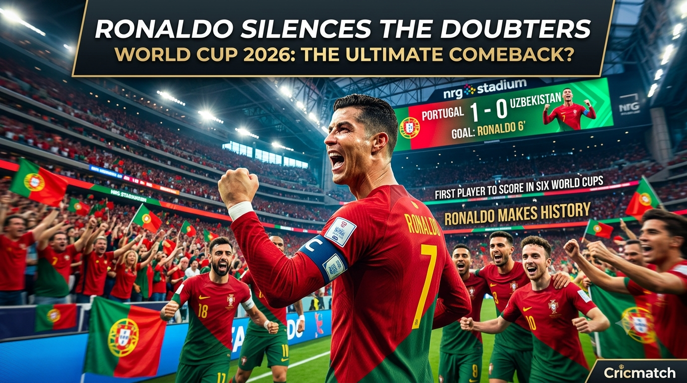 Cristiano Ronaldo celebrating a goal for Portugal at the World Cup 2026 inside a packed Houston stadium, silencing critics by scoring in his sixth historic World Cup tournament.