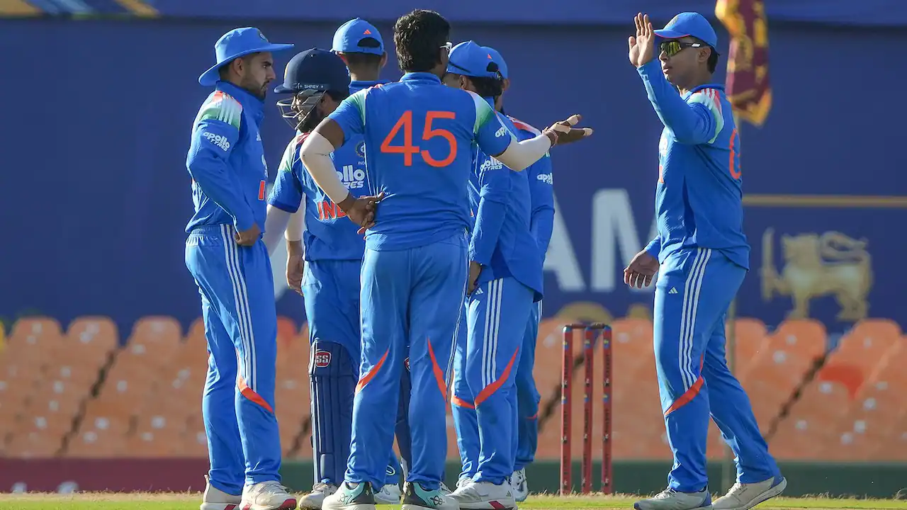 India A vs Sri Lanka A Tri-Series 2026 cover image showing Vaibhav Sooryavanshi and Prabhsimran Singh dismissed early as Sri Lanka A bowlers Mohamed Shiraz and Chamika Karunaratne celebrate the top-order collapse in Dambulla.