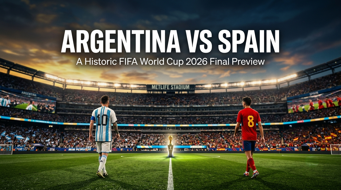 A cinematic photograph of an Argentina soccer player wearing a light blue and white striped '10' jersey and a Spain player wearing a red '8' jersey walking onto the lush green pitch of MetLife Stadium. They are facing away from the camera, heading towards the FIFA World Cup trophy displayed in the center circle. The stadium is packed with cheering fans under a dramatic, cloudy sunset sky. The image has a magazine cover quality with ample space for text.