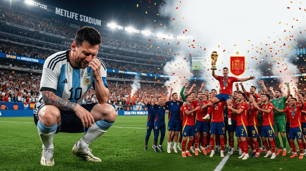 Lionel Messi crouched on the pitch in tears while the Spain national football team celebrates lifting the trophy at the 2026 FIFA World Cup final in MetLife Stadium.