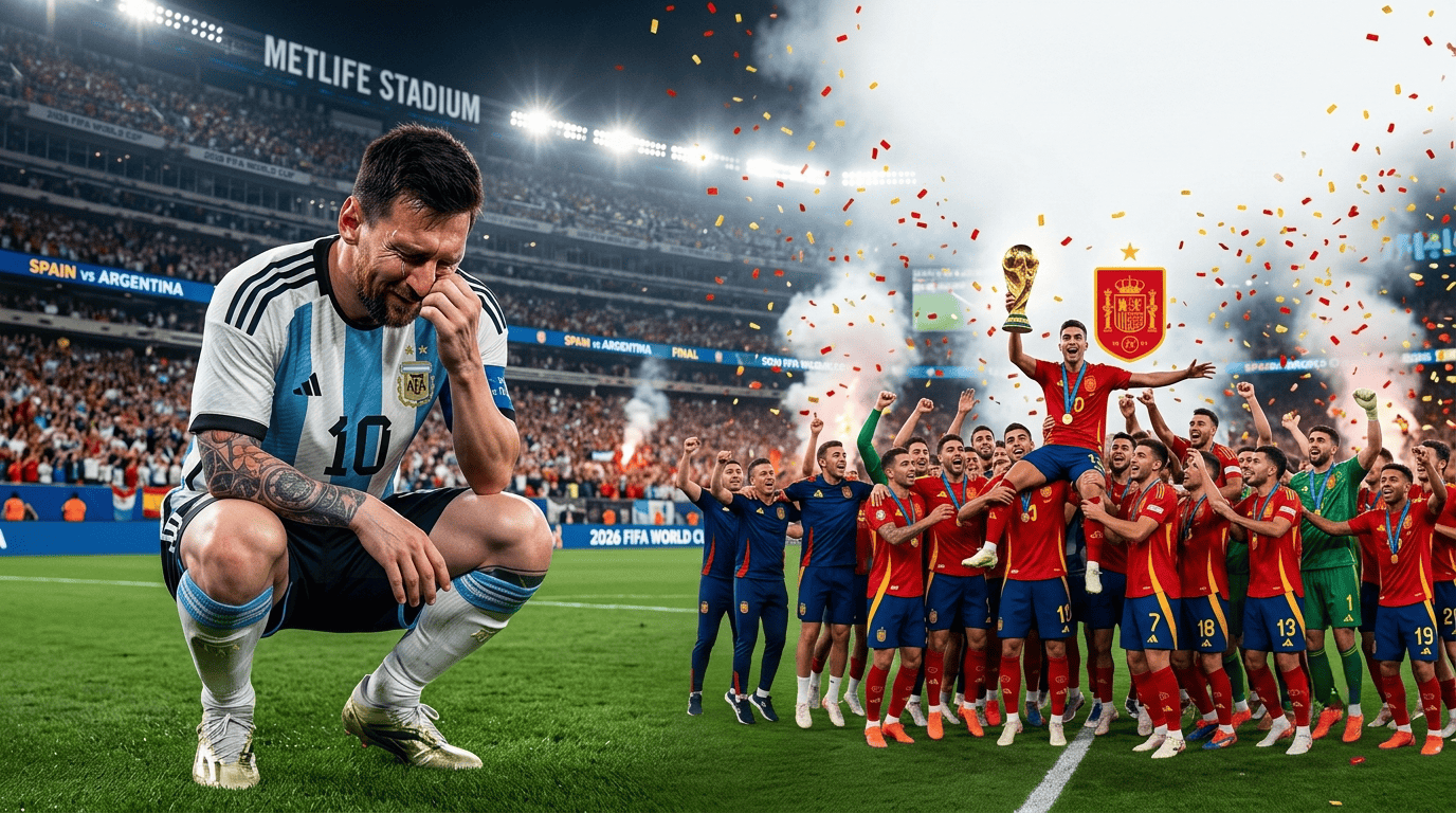 Lionel Messi crouched on the pitch in tears while the Spain national football team celebrates lifting the trophy at the 2026 FIFA World Cup final in MetLife Stadium.