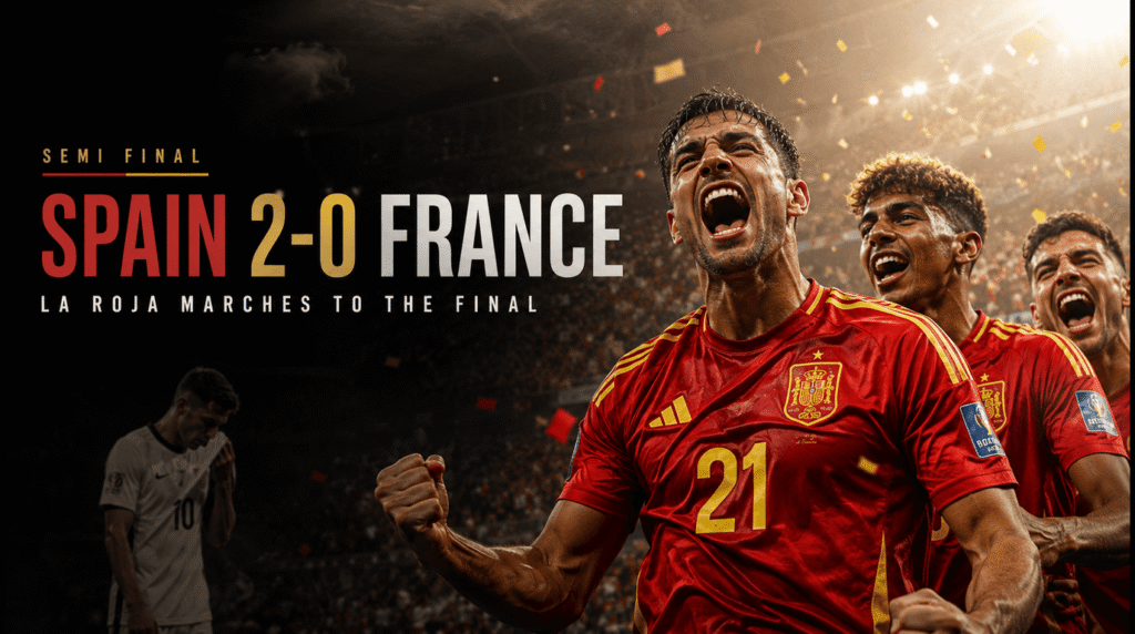 Spain players celebrate a 2-0 victory over France during the FIFA World Cup 2026 semi-final in a dramatic stadium setting, symbolizing La Roja's qualification for the World Cup final.