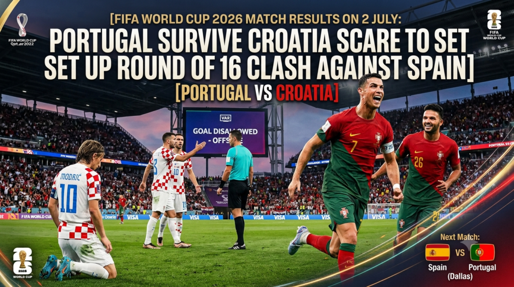 Portugal vs Croatia World Cup banner: A dejected Luka Modrić on his knees on the left, opposing a celebrating Cristiano Ronaldo on the right. A stadium screen in the center background shows 'GOAL DISALLOWED'.
